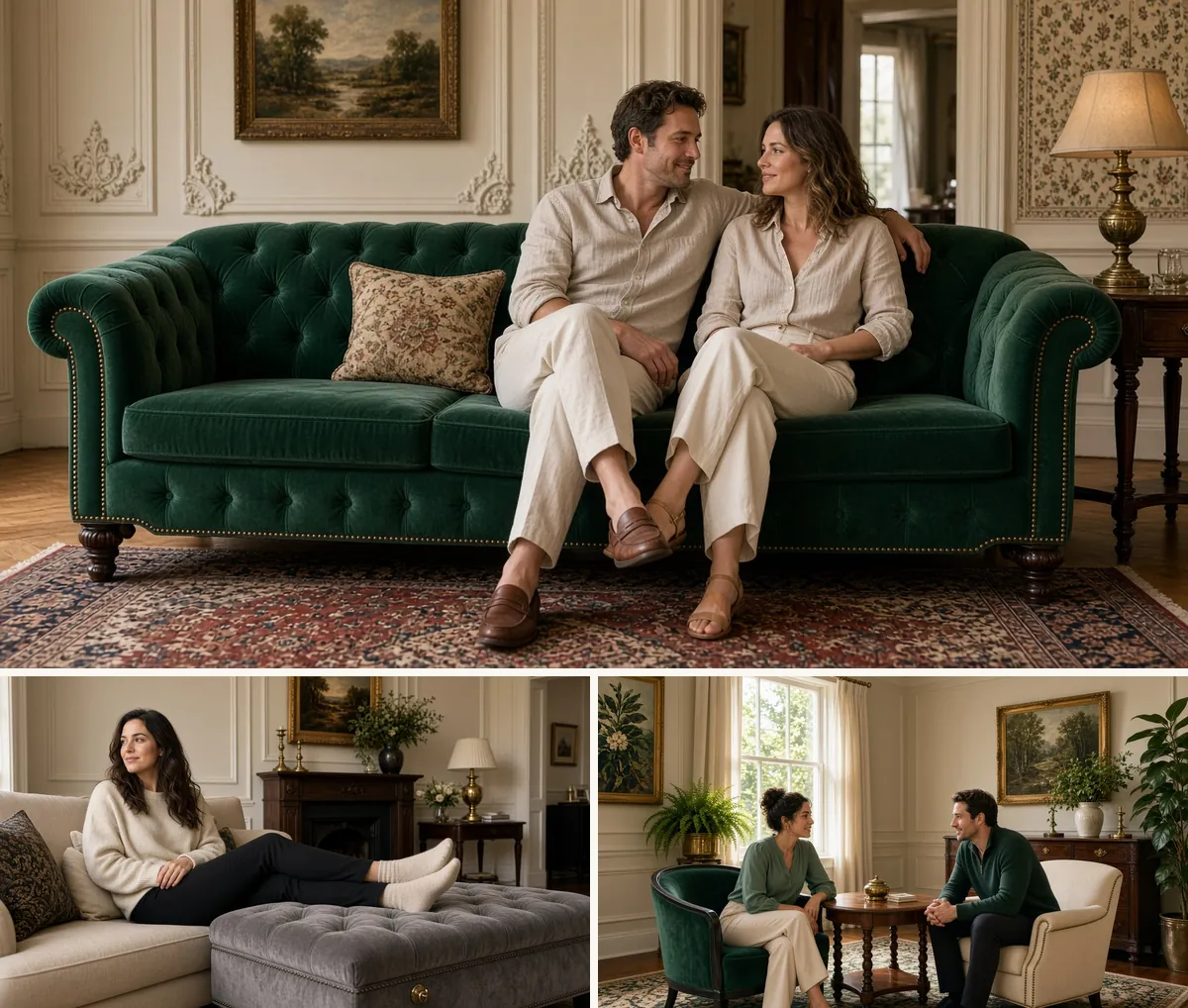 Couple on a tufted velvet sofa, a woman resting her feet on a velvet ottoman and a family by a scrolled accent chair