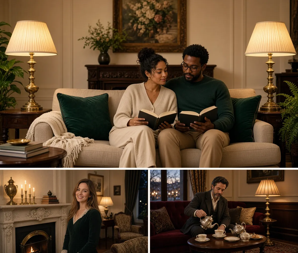 Brass candlestick lamps beside a sofa with a couple reading, a candlelit mantel and warm lamp light in a Victorian lounge