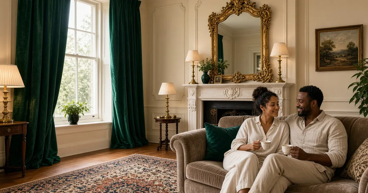 Couple relaxing on a velvet sofa in a warm Victorian living room with emerald curtains, a gold mirror, brass lamps and a rug