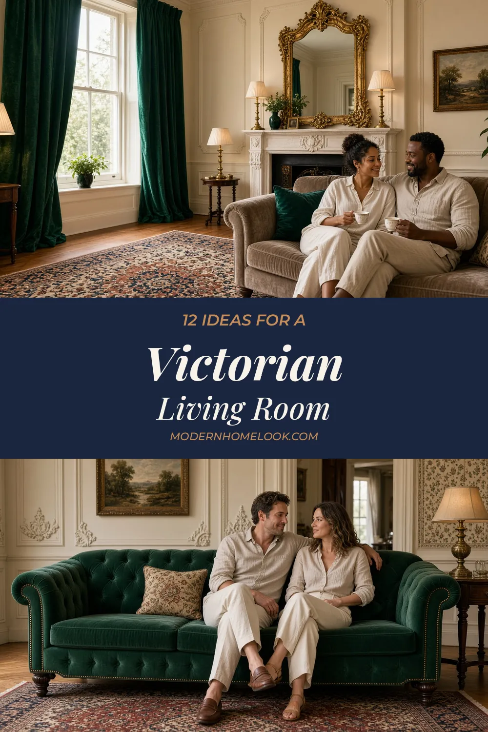 12 Victorian living room ideas with emerald velvet curtains, an ornate gold mirror, brass lamps, and a patterned rug
