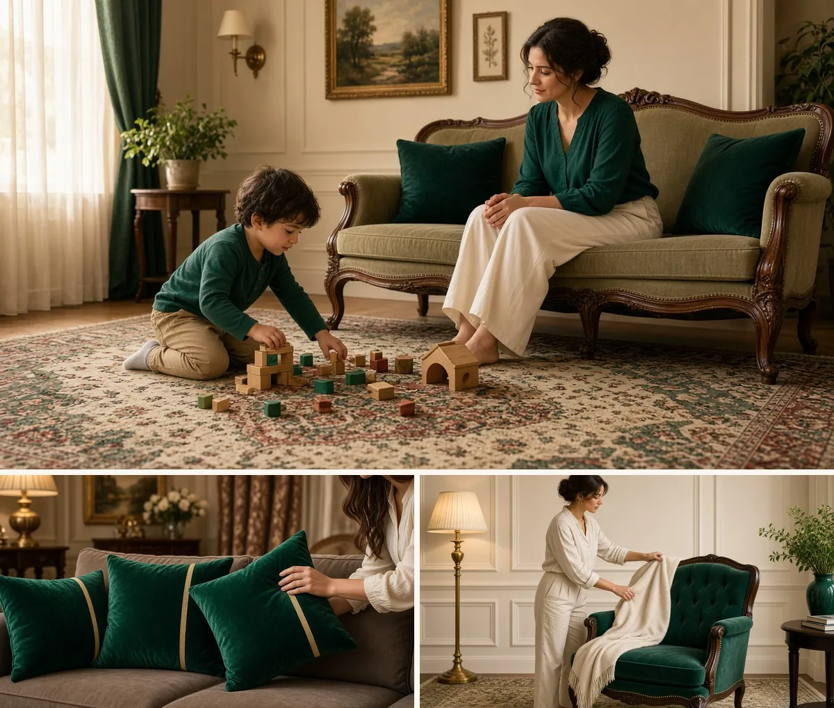 Persian style rug under a sofa with a child playing, emerald velvet pillows and a woman layering a throw on a Victorian chair