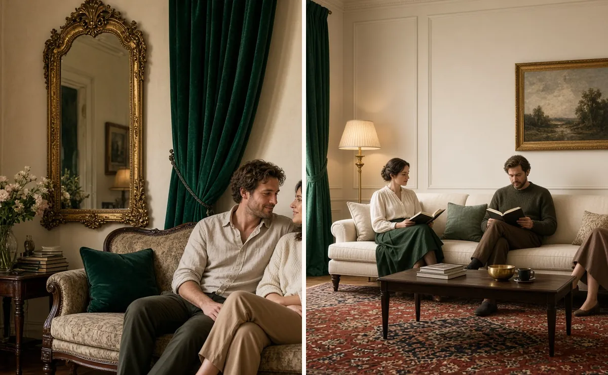 Couple in a small Victorian lounge with curtains hung high, and a calm room beside a cluttered parlor with too much pattern