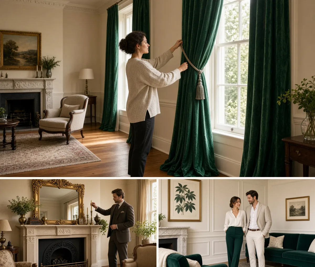 Emerald velvet curtains tied back, an ornate gold mirror above a mantel and cream walls with framed art in Victorian rooms