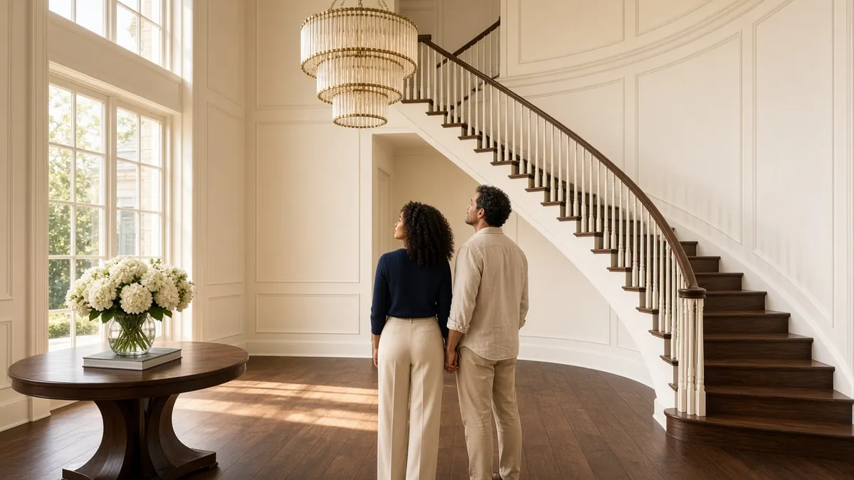 Couple admiring the double-height entry hall and sweeping staircase of a luxury home with ivory walls and a brass chandelier