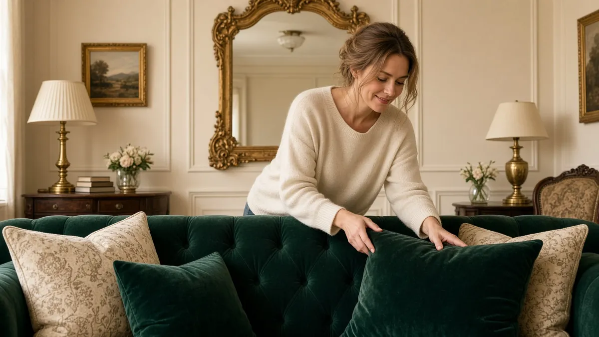 Woman arranging velvet pillows on a tufted sofa below an ornate gold mirror in a cream Victorian sitting room