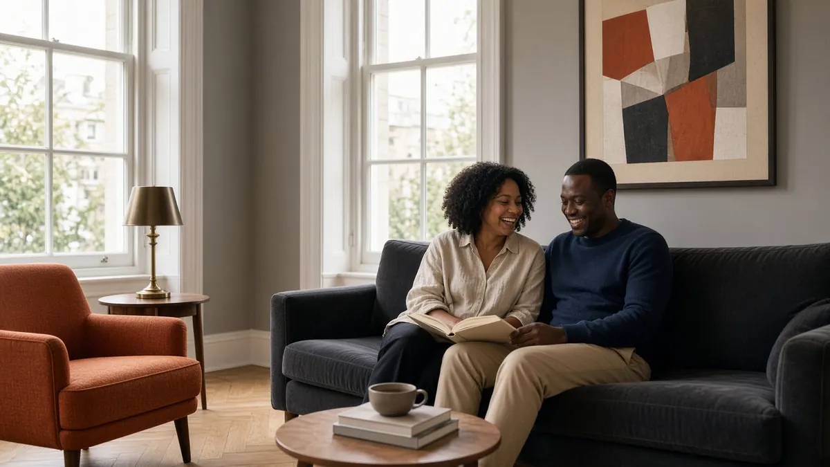 Couple reading on a charcoal sofa beside a burnt orange armchair in a living room with grey walls and warm afternoon light