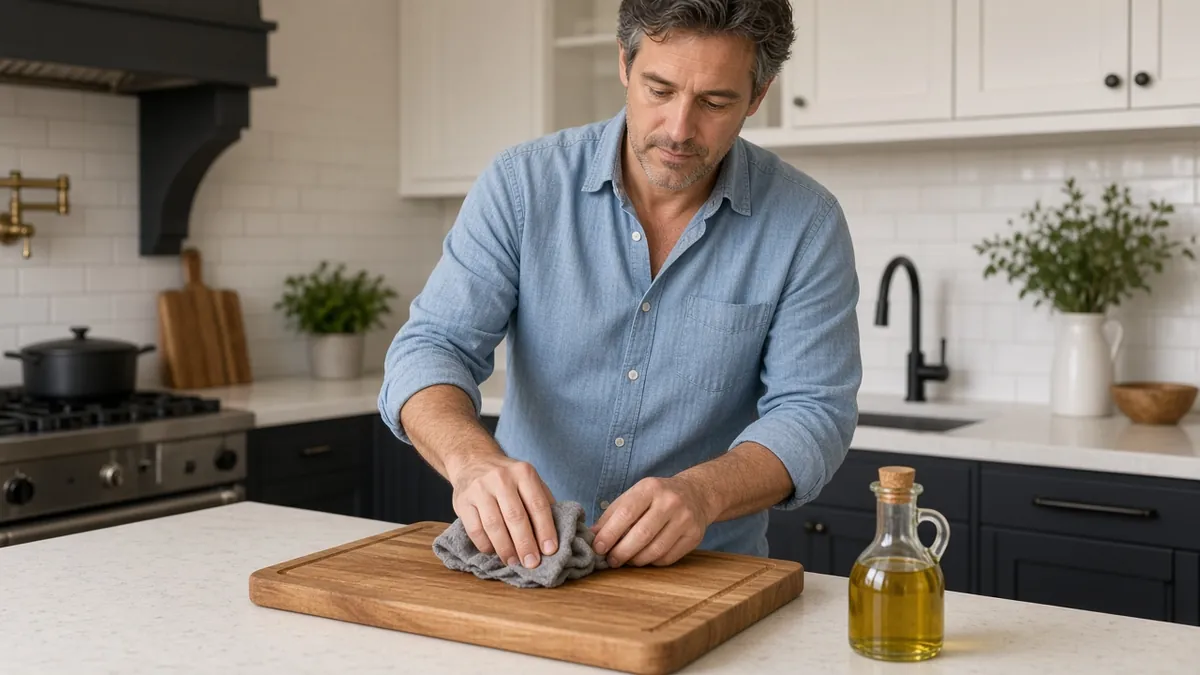 Man rubbing oil into an acacia wood cutting board at a kitchen island to keep the wood from drying out