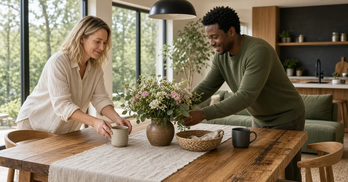Couple setting mugs and flowers on a honey-toned acacia wood dining table in a bright open-plan home