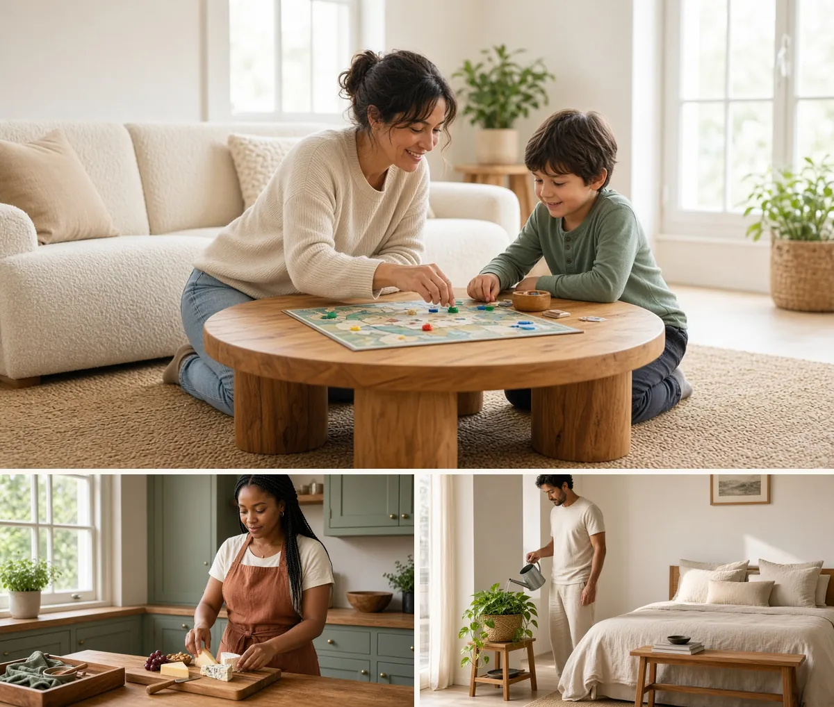 Acacia wood pictures showing a family at a round acacia coffee table, a serving board in a kitchen and a bedroom bench