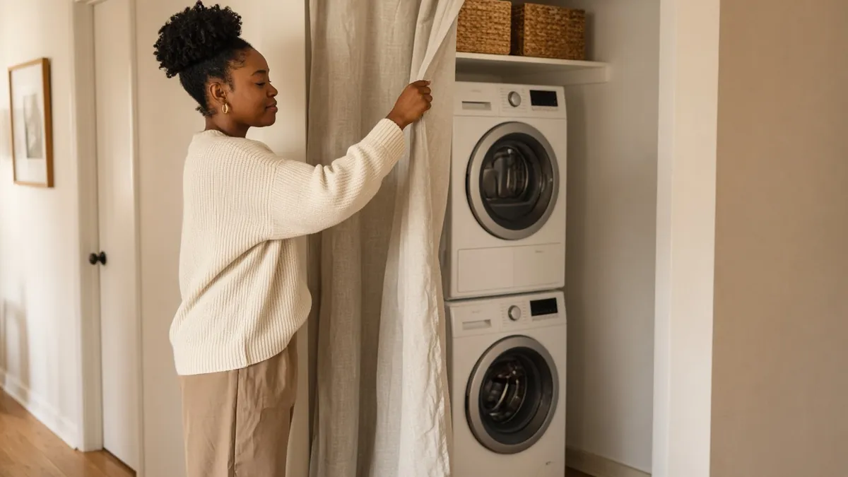 Apartment laundry closet idea: woman pulling back a linen curtain on a rod to reveal a stacked washer and dryer with baskets
