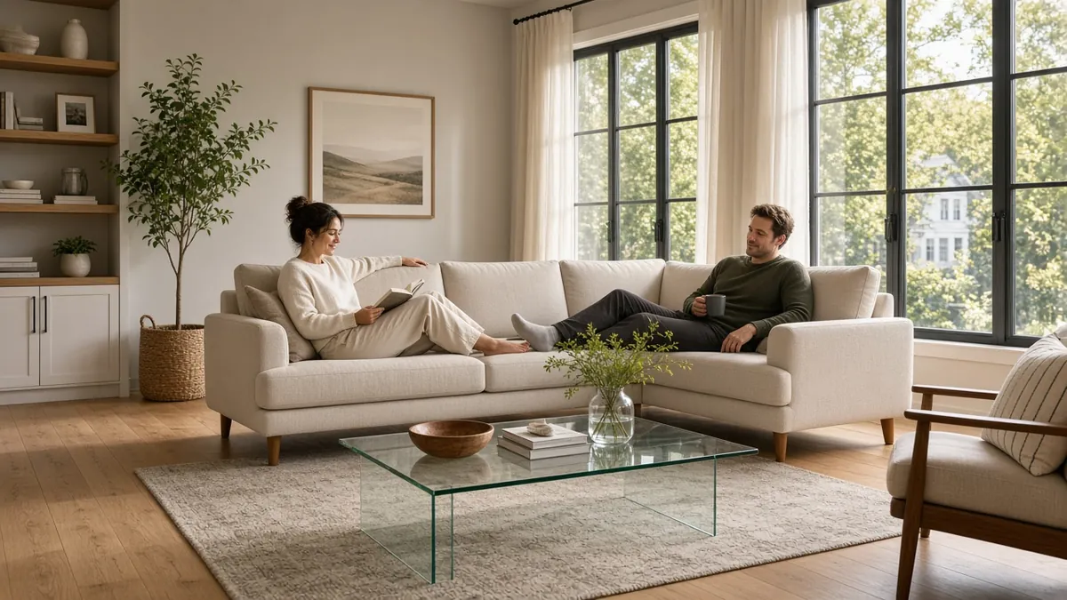 Couple sitting on an 84-inch 3 seater sofa in a mid-size living room with coffee table clearance visible