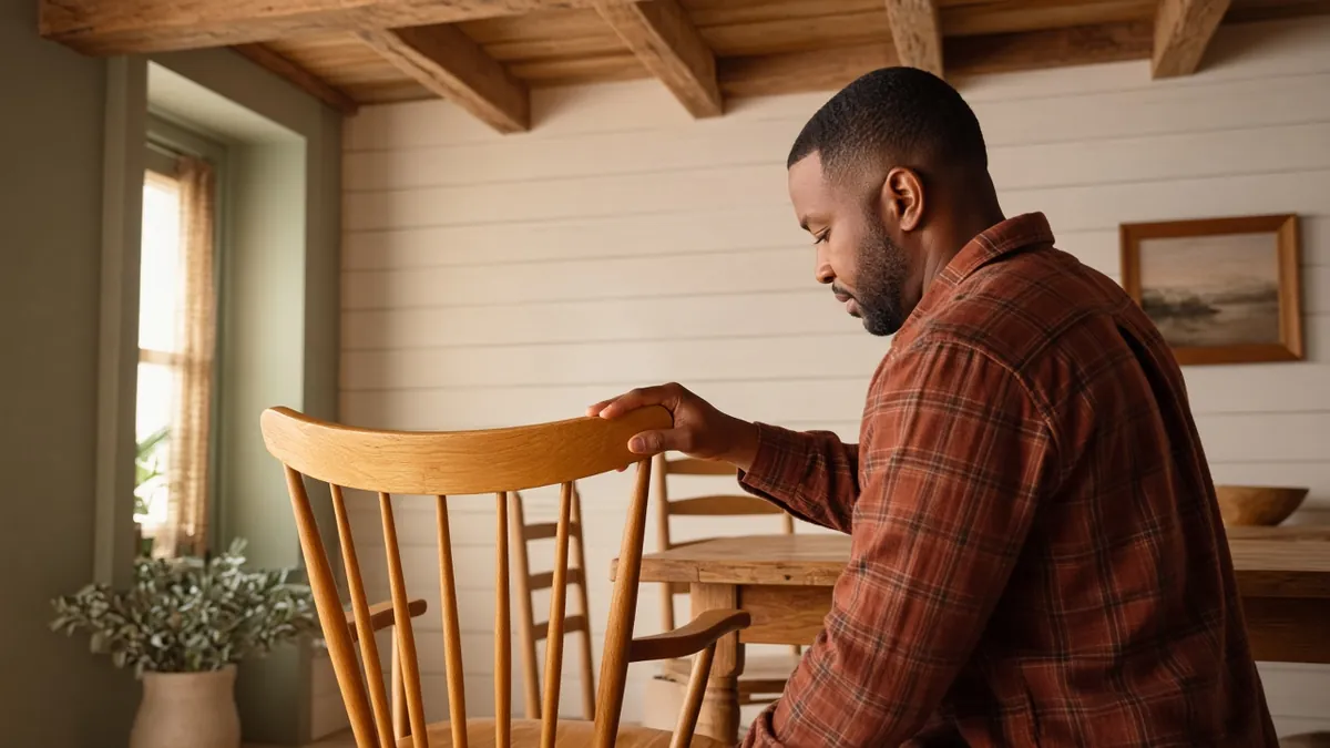 Man touching the back part of a chair, the top rail and spindles of a Windsor chair, in a farmhouse dining room