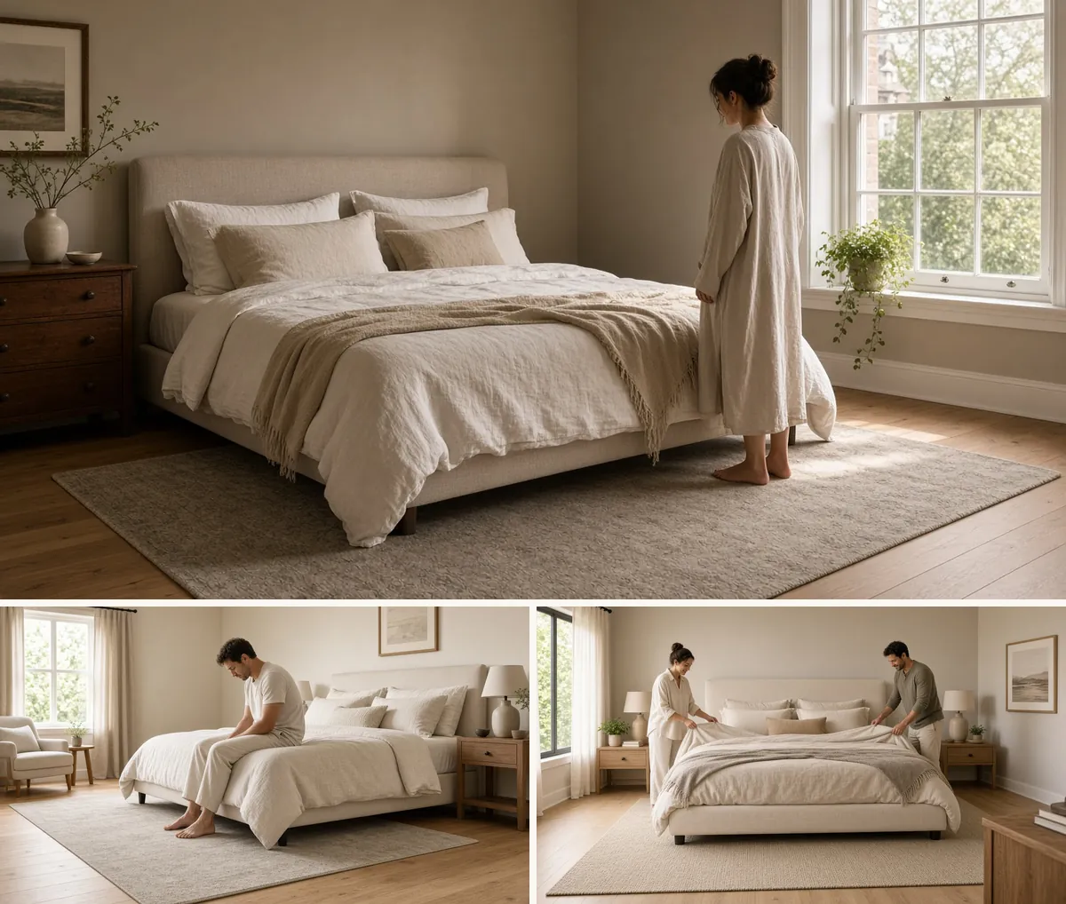 Bedroom rug sizes: a 6x9 under a full bed, an 8x10 under a queen and a 9x12 under a king in bright bedrooms
