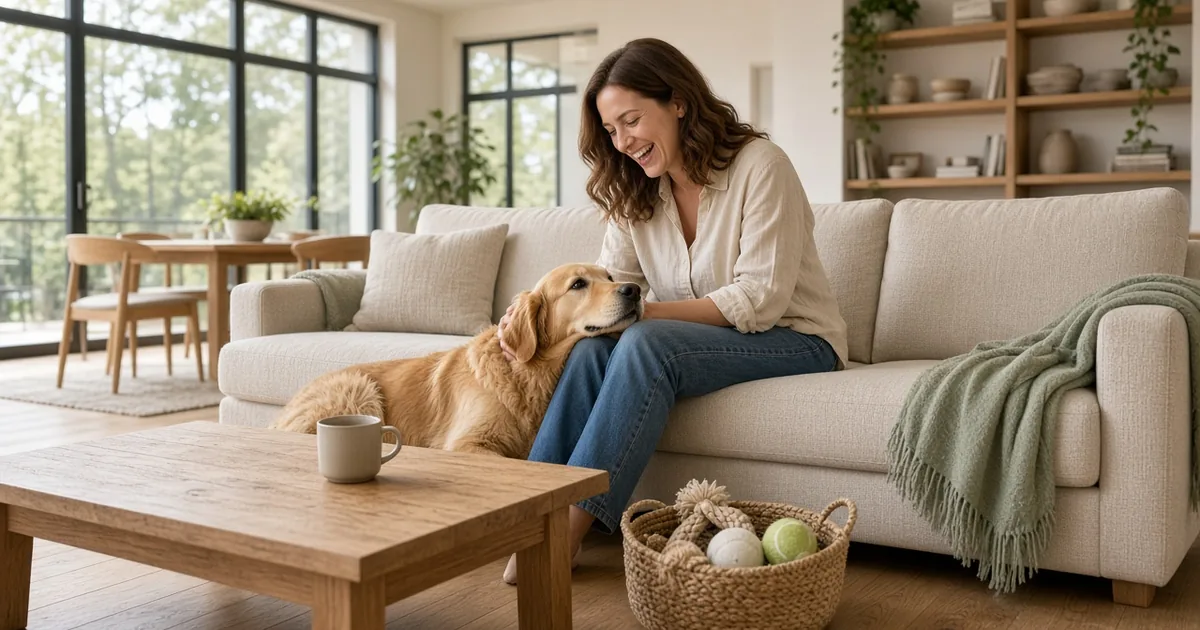 Woman laughing with her golden retriever on an oatmeal performance fabric sofa, a hard-wearing couch material for dogs