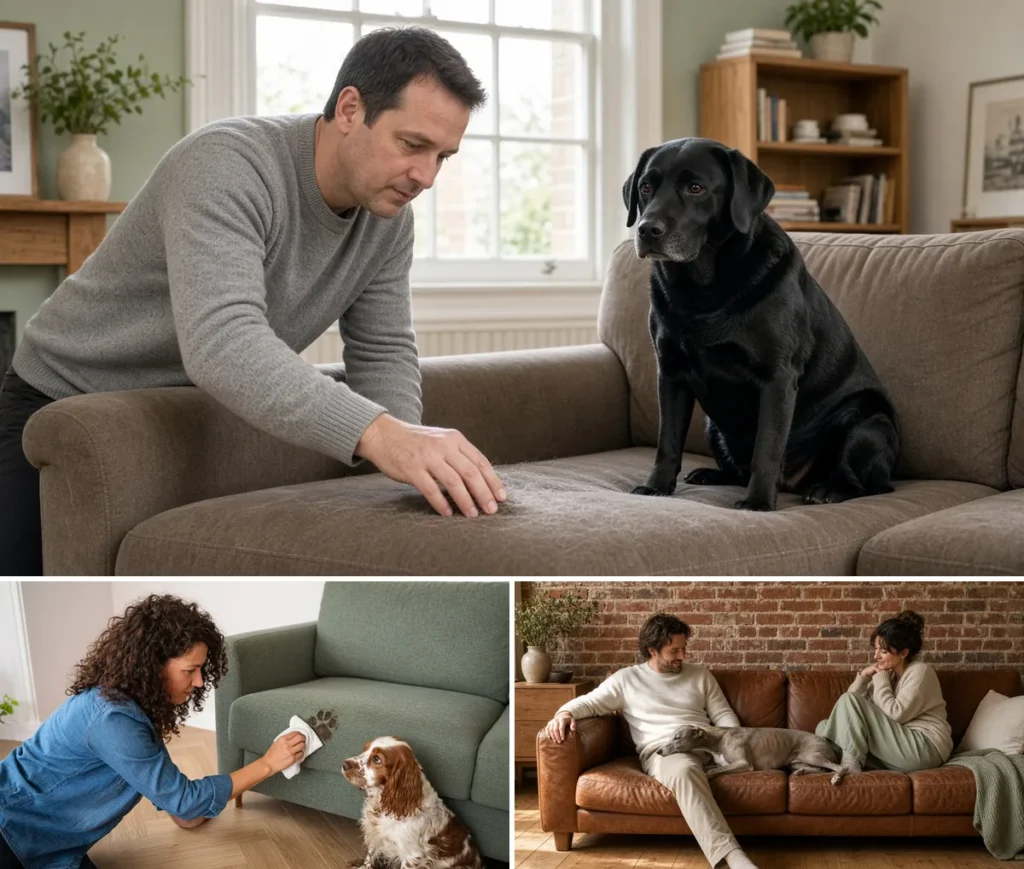 Dog couch materials compared: taupe microfiber with a Labrador, sage performance fabric, and cognac leather with a greyhound