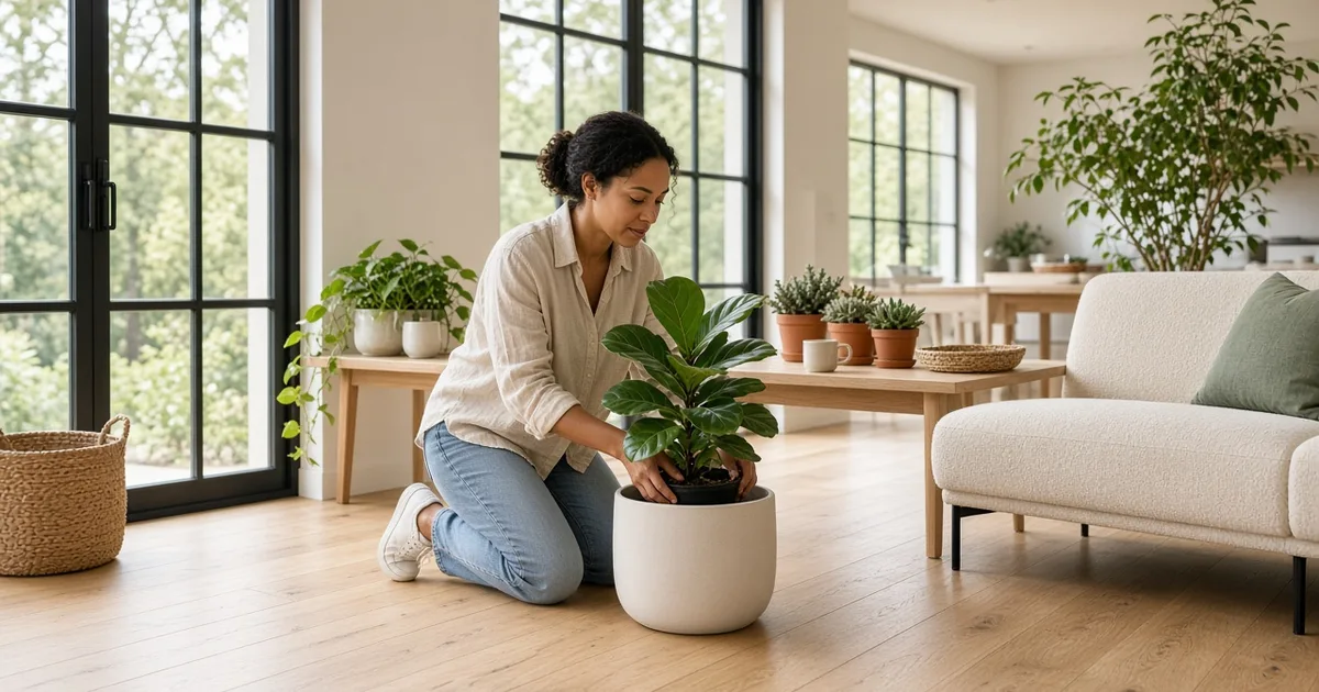 Woman settling a fiddle leaf fig into a ceramic floor planter beside a cream sofa