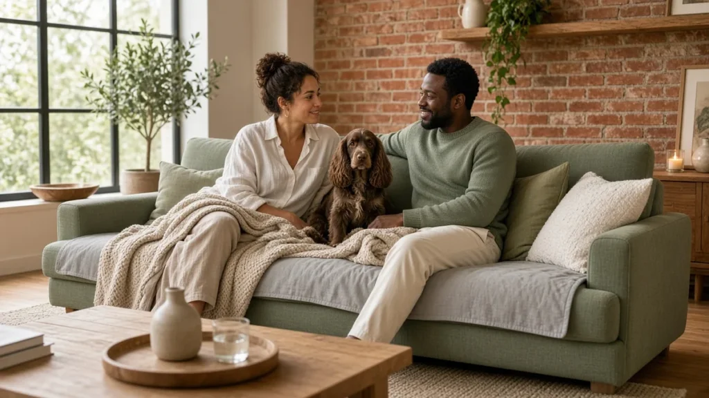 Couple sharing a knit blanket with their cocker spaniel on a sage performance fabric sofa with a grey seat cover