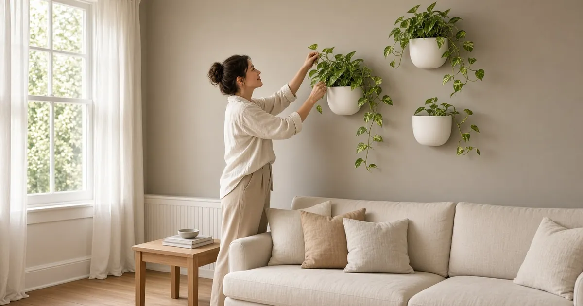 Woman arranging a white ceramic wall planter with a trailing plant in a bright living room