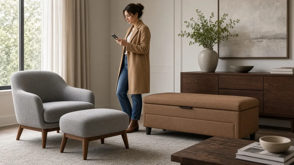 Shopper comparing a mid-century accent chair and a storage ottoman in a bright living room before a sale