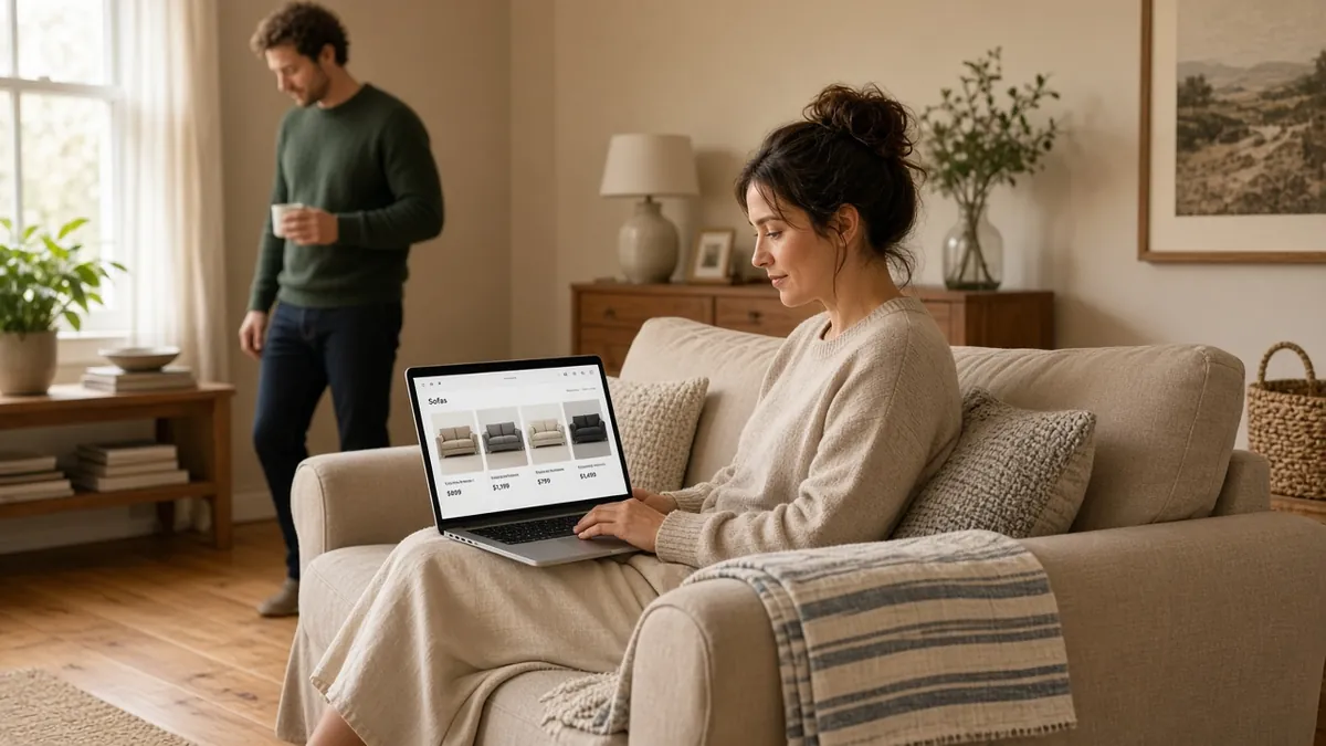 Shopper comparing two sofa listings on a laptop while sitting on a neutral couch with a slipcover sample