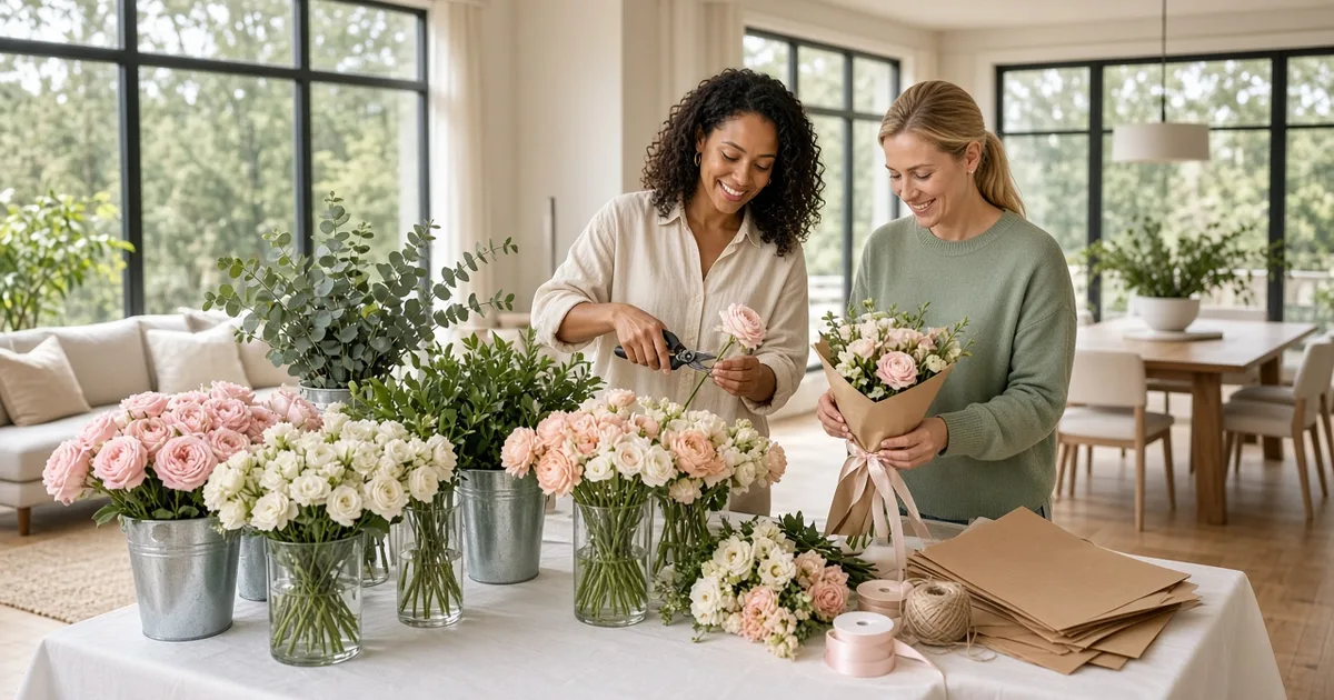 Two women building take-home bouquets at a bloom bar during a bridal shower in a sunlit open-plan room