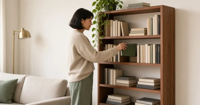 Woman sliding a hardcover onto a walnut book shelf styled with books, a small plant and a vase in a calm living room