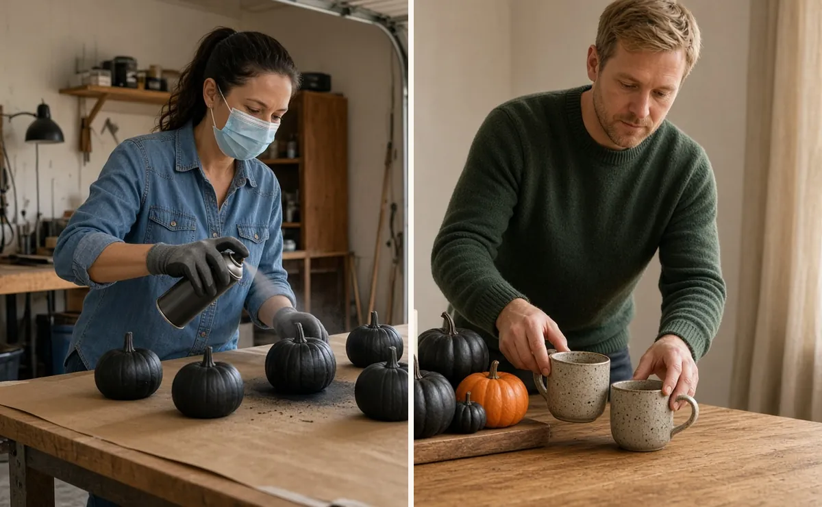 Woman spray painting faux pumpkins matte black, then the black and orange pumpkins styled on a dining table with candles