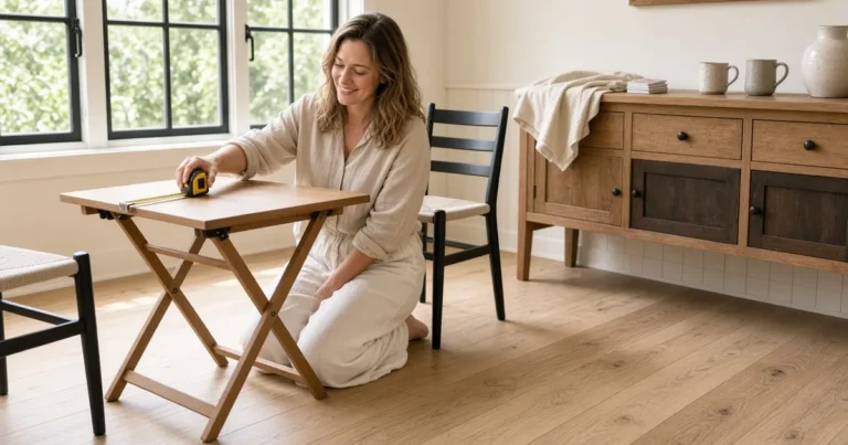 Woman measuring a square card table with a tape measure while a cream tablecloth and cards sit ready in a bright nook