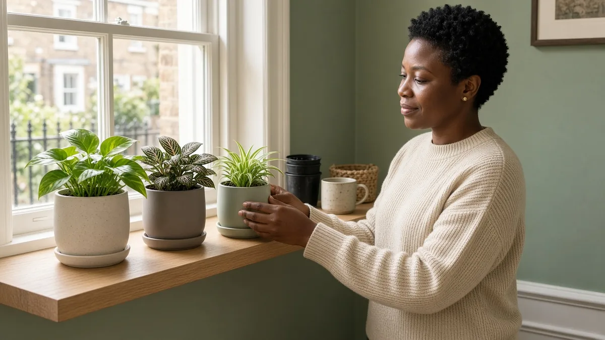 Woman potting a spider plant into the smallest of a set of three ceramic pots with attached saucers on an oak window shelf