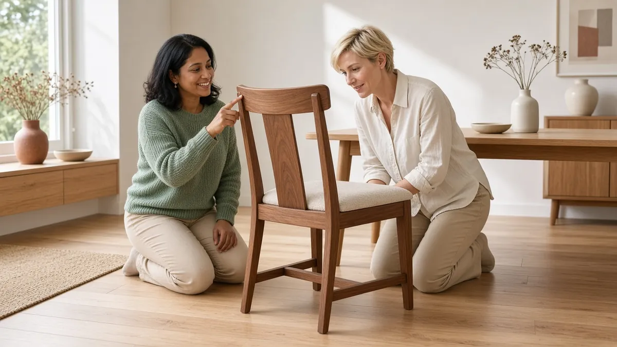 Woman pointing out the parts of a chair, like the top rail, splat and seat, to a friend in a bright dining room