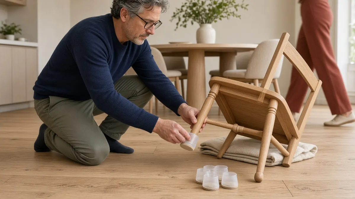 Man fitting felt-bottom silicone protectors onto the feet of dining chair legs above a light oak floor