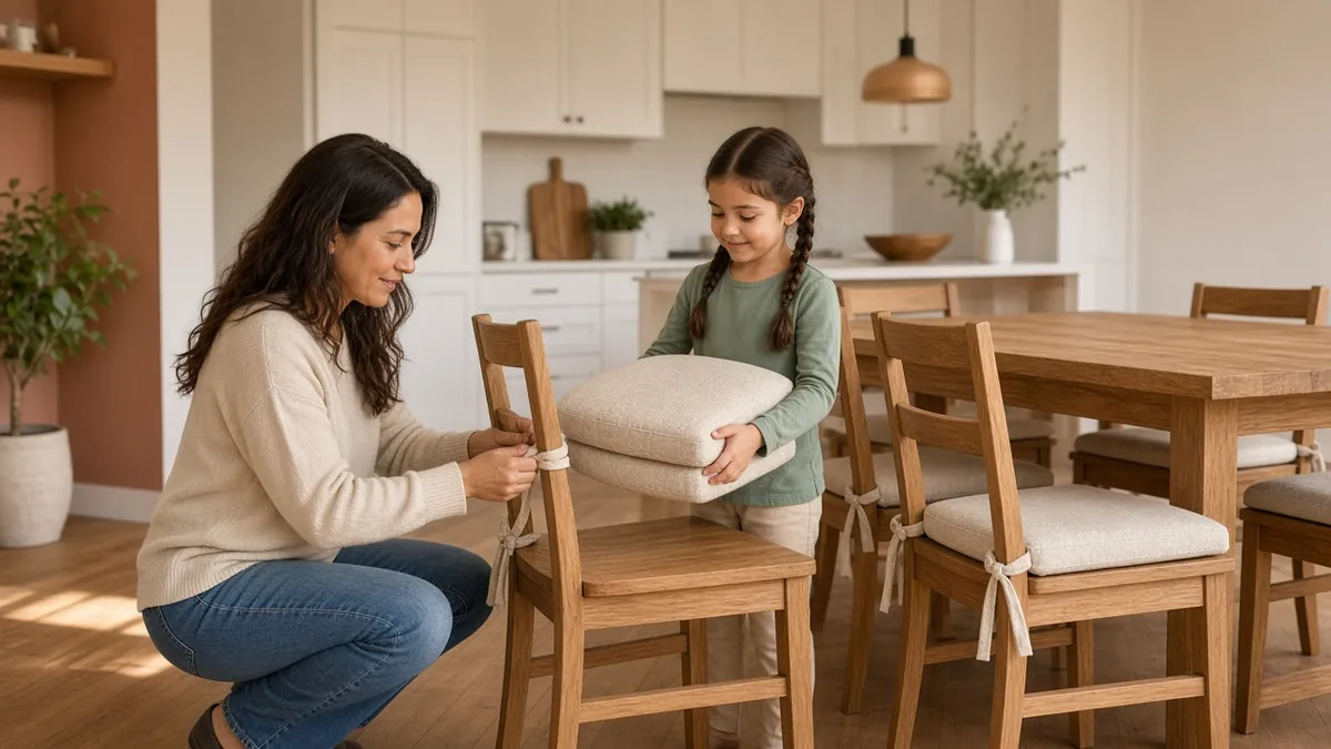 Woman tying an oatmeal beige cushion onto a wooden dining chair seat while her daughter watches