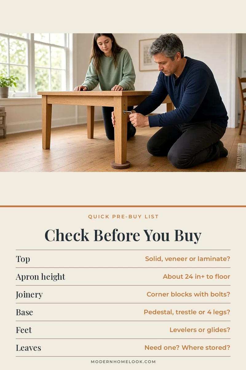 Check Table Parts Before You Buy: Top, Apron, Joinery, Base, Feet, Leaves