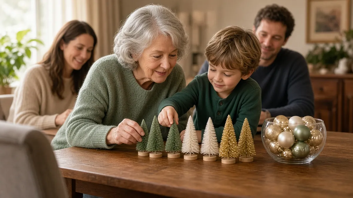 Bottle brush trees in green, white and gold with a glass bowl of ornaments as a low Christmas centerpiece