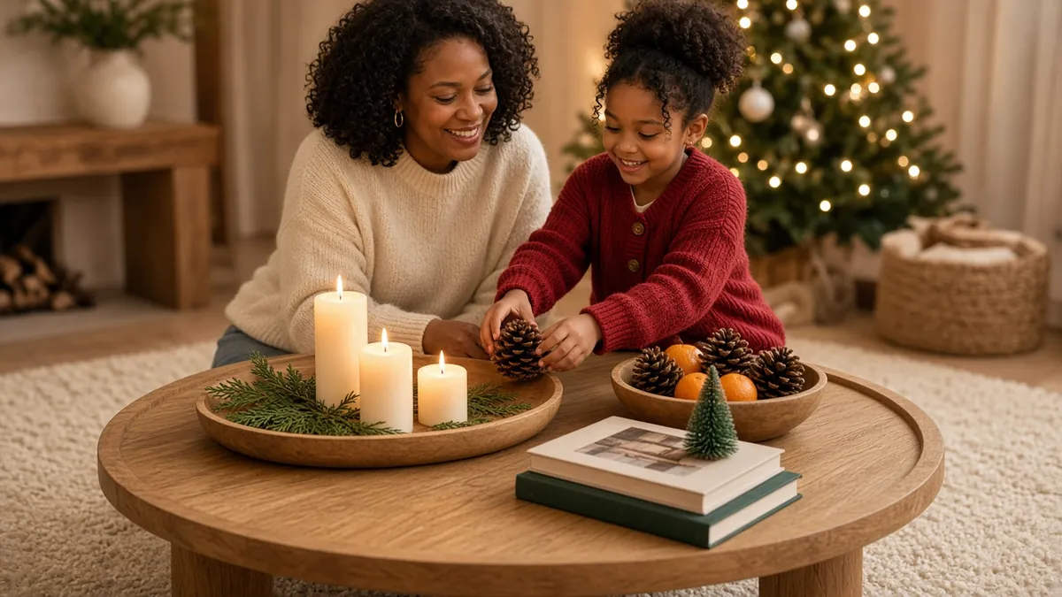 Mother and daughter styling Christmas coffee table decor with a wooden tray, pine cones and flameless candles