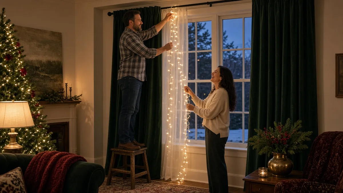 Man hanging warm white curtain lights behind green velvet Christmas curtains in a living room at dusk