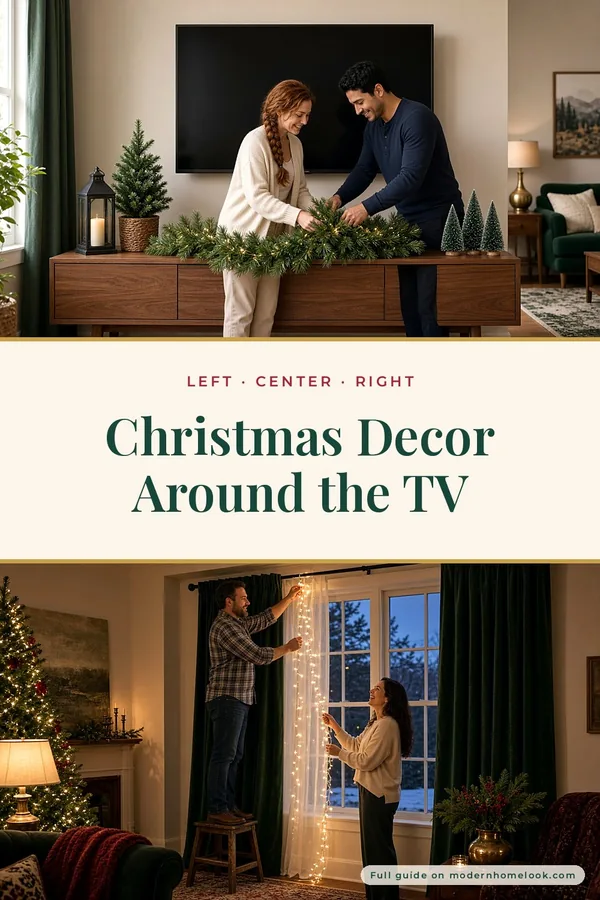 Christmas Decor Around the TV: Garland and a Three-Zone TV Stand