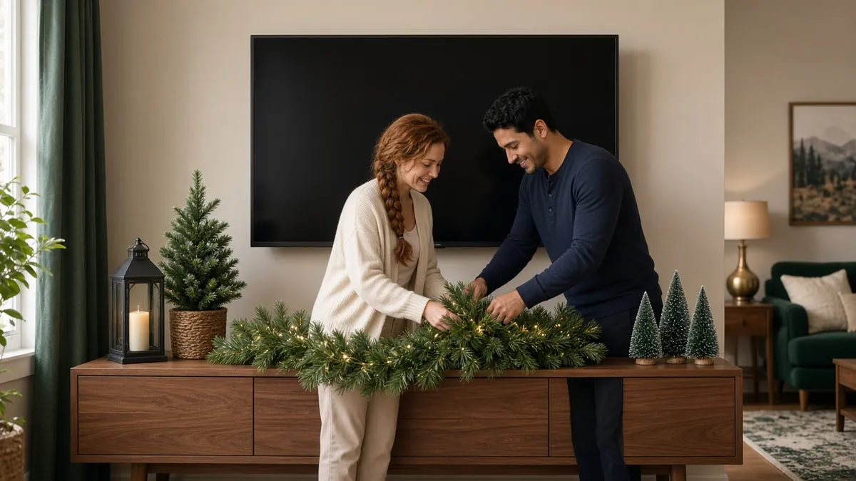 Couple draping a lit garland across a Christmas tv stand decor setup with small trees and lanterns