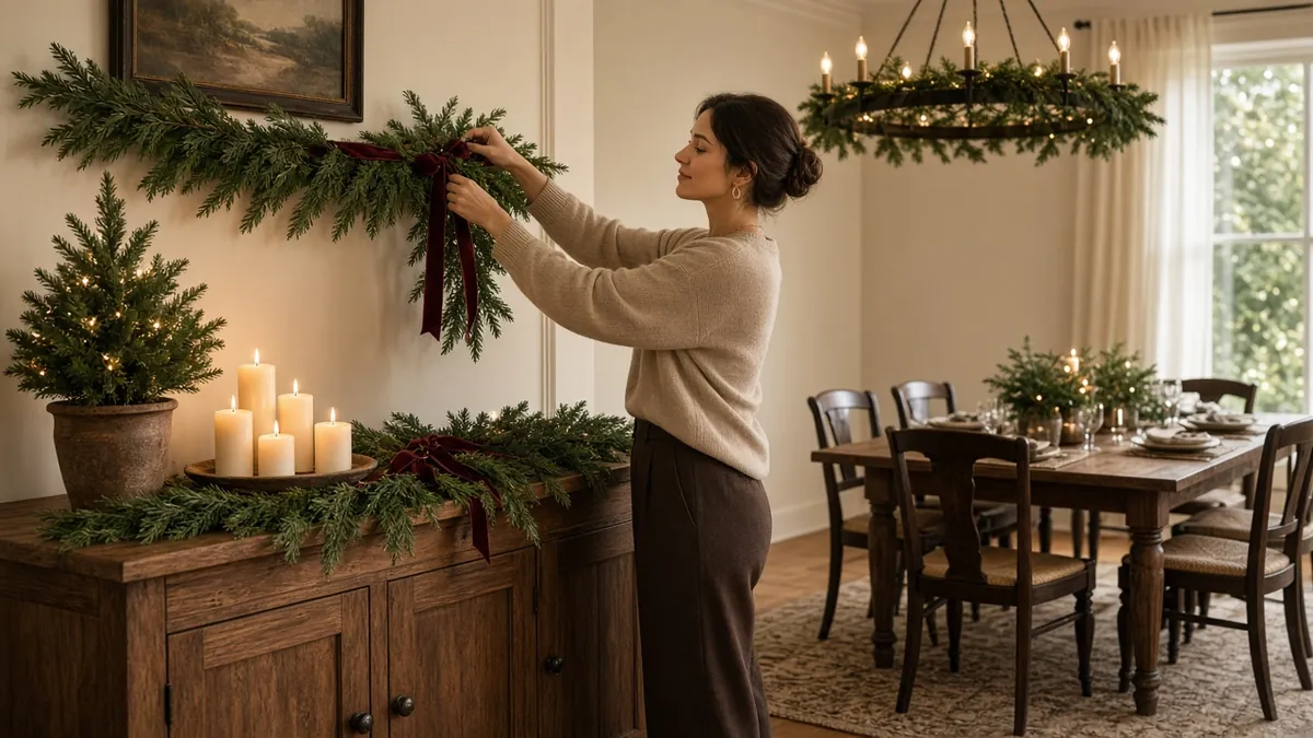 Christmas dining room decor with cedar garland and burgundy velvet ribbon over a sideboard with candles and a small tree