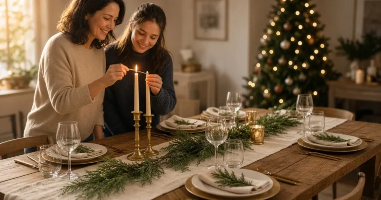 Christmas dining table decor with a linen runner, fresh cedar garland, gold chargers and brass taper candles by the tree