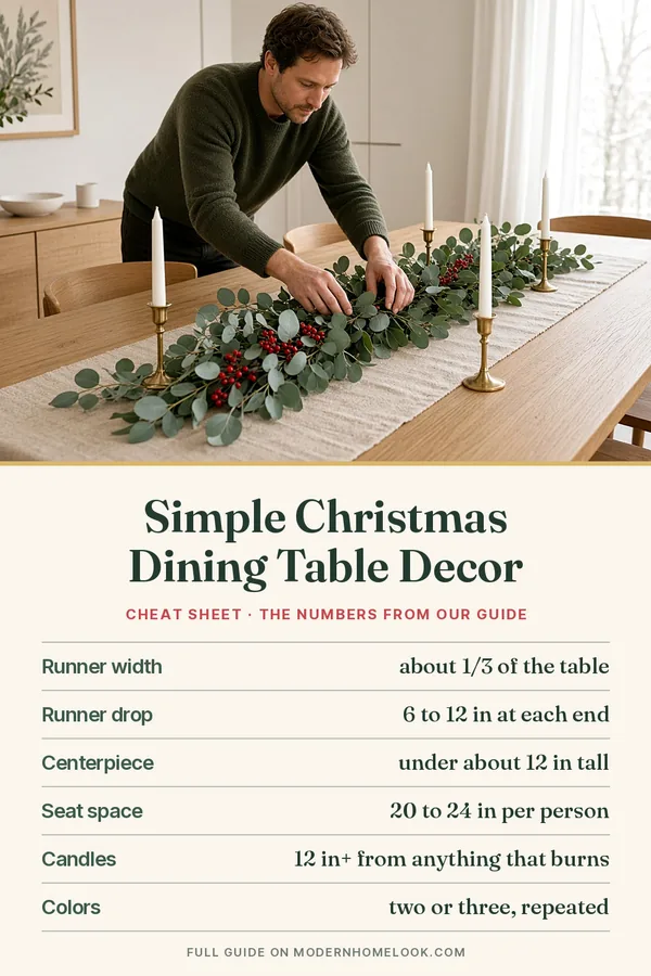 Simple Christmas dining table decor cheat sheet under a photo of a man laying eucalyptus garland on a linen runner