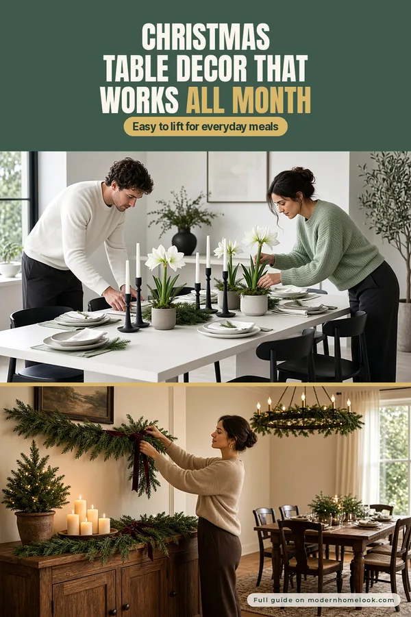 Christmas table decor: a couple sets a white modern table with black taper holders, then a sideboard with cedar garland