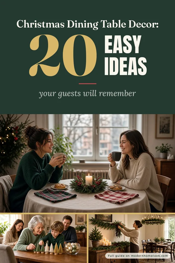 Christmas dining table decor ideas: friends at a round table with a mini wreath, a family with bottle brush trees