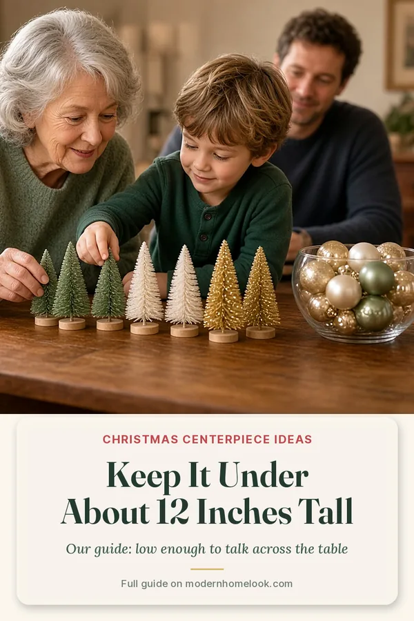 Christmas centerpiece ideas: a family lines up small bottle brush trees beside a glass bowl of gold and sage ornaments