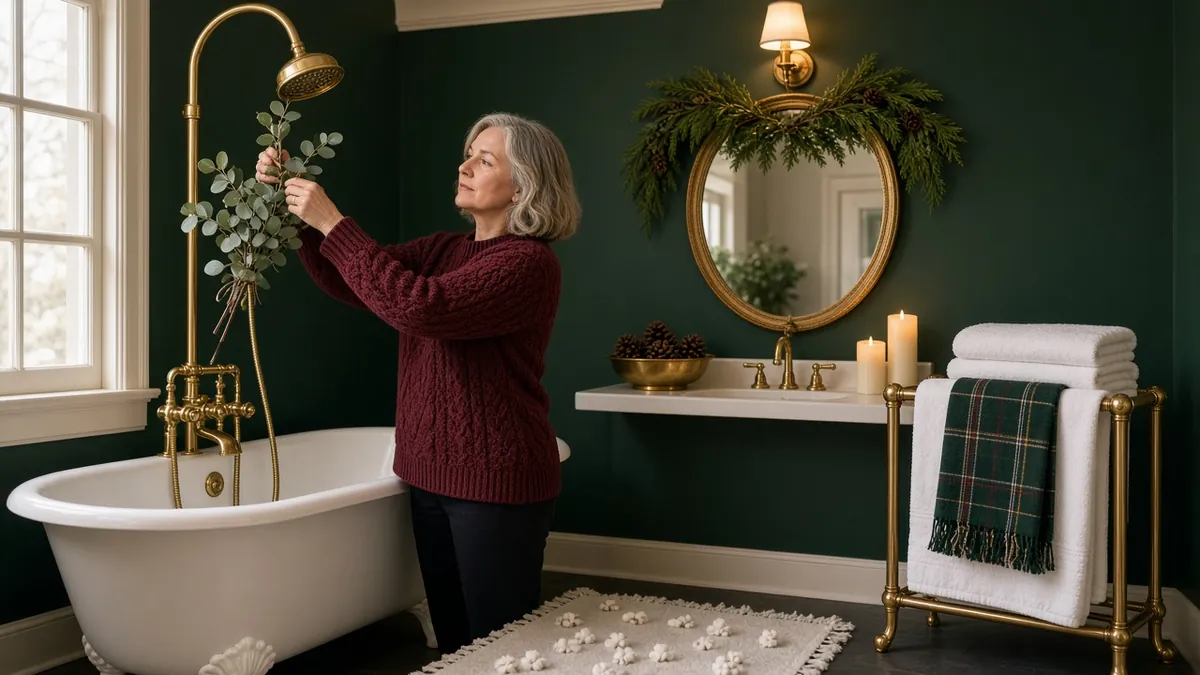Woman hanging a eucalyptus bundle from a brass shower in a Christmas guest bathroom with Victorian style