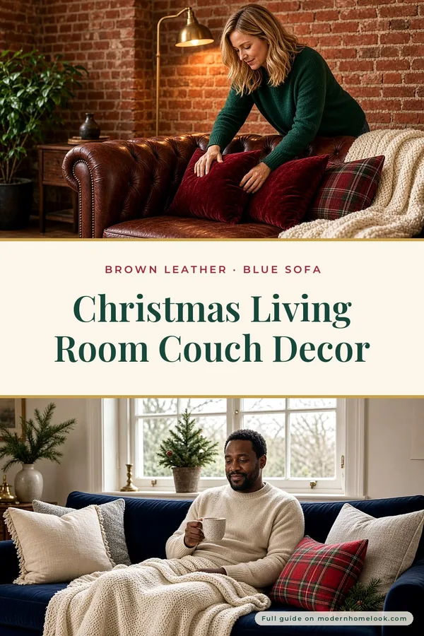 Christmas Living Room Couch Decor: Brown Leather or Blue Sofa Pillow Ideas