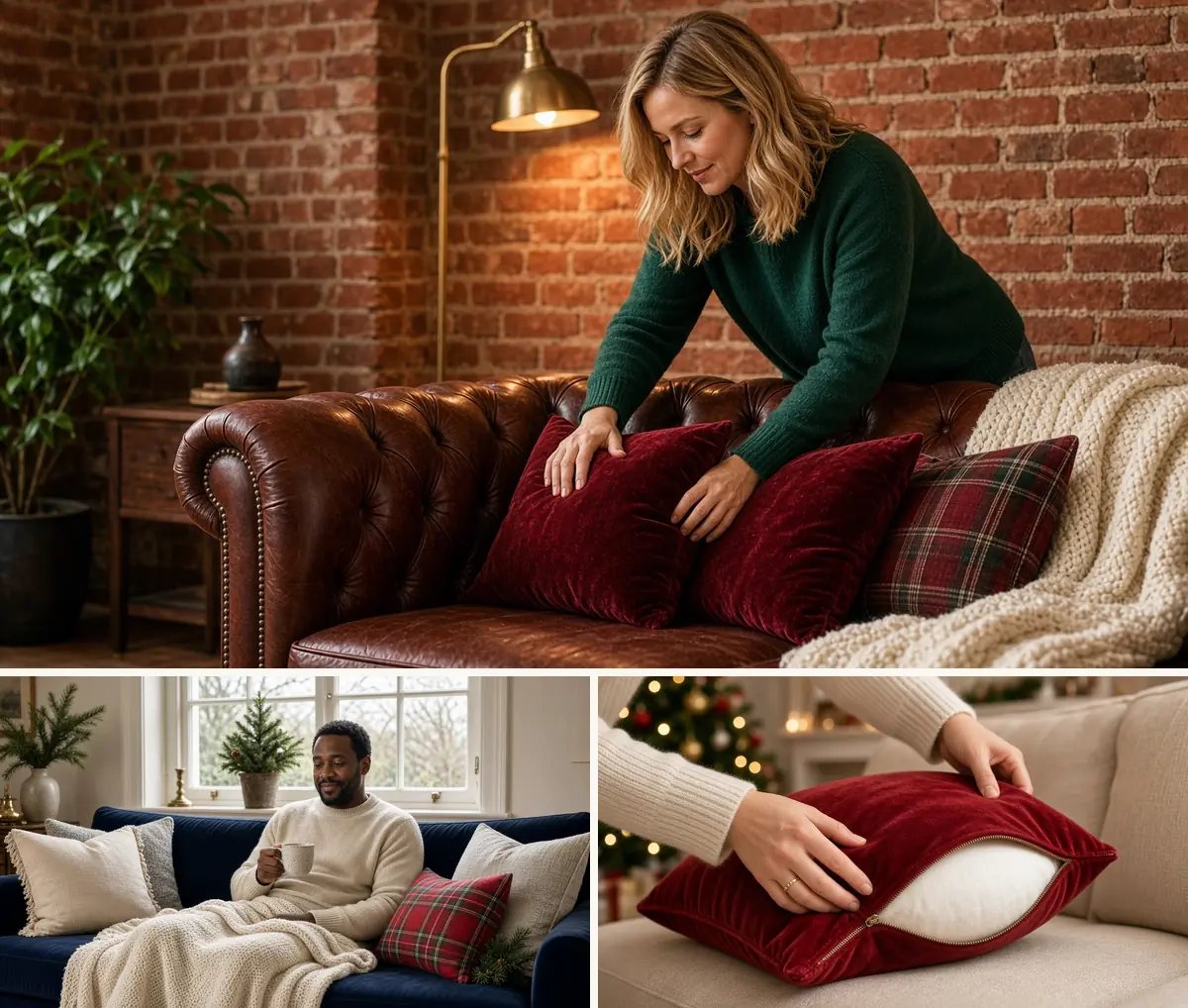 Red velvet pillows on a brown leather couch and a blue sofa with an ivory knit throw for Christmas couch decor