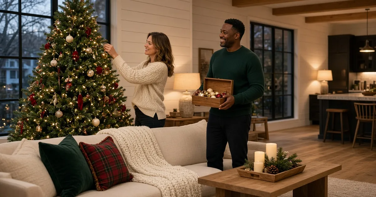 Couple hanging ornaments on a tree in a cozy Christmas living room with a cream sofa, green velvet pillows and warm lamps