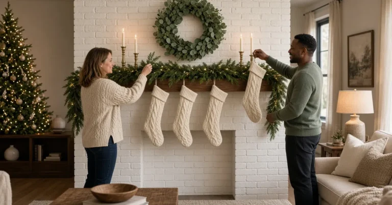 Couple styling a Christmas mantel with lit garland, taper candles and knit stockings above a cozy fireplace