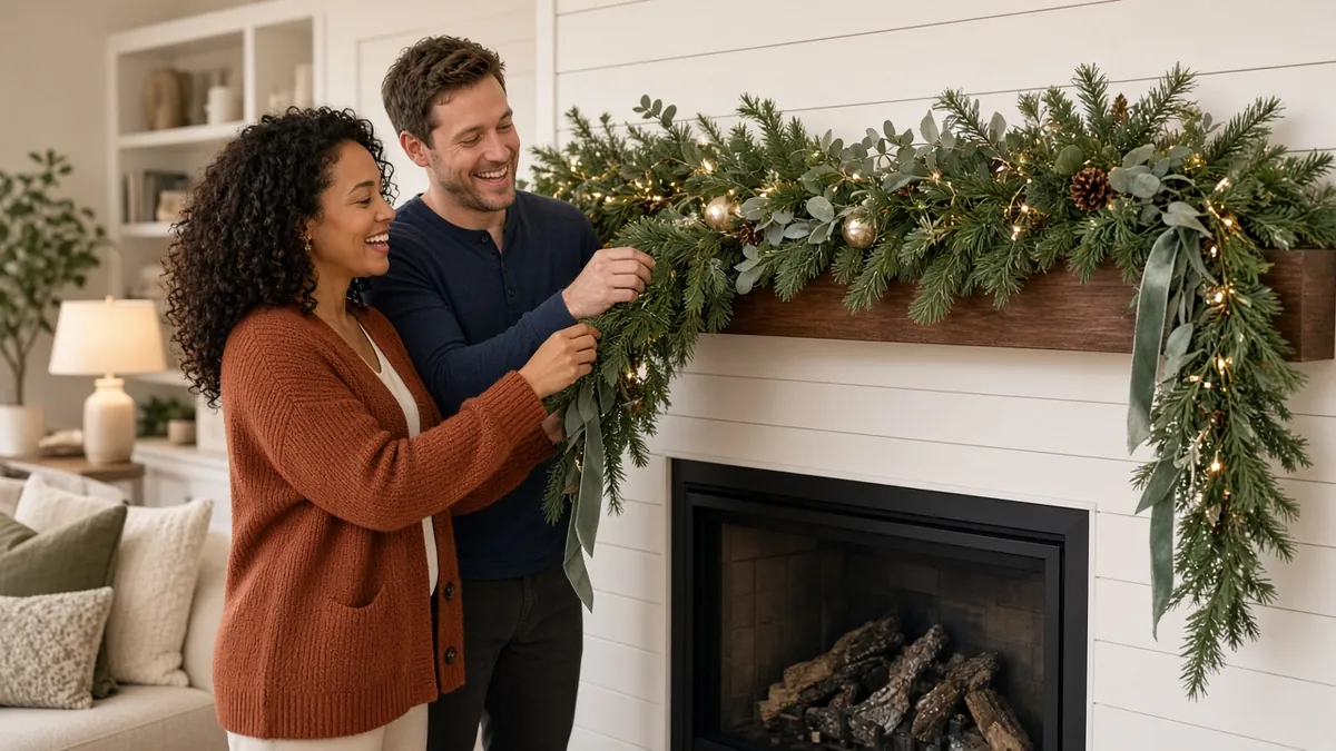 Couple fluffing a lush pre-lit Christmas mantel garland layered with eucalyptus on a white fireplace